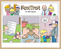 "baking.f" Signed FoxTrot comic strip by Bill Amend: Jason Fox: Want a fortran cookie? Peter: A what?