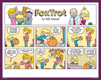 "Nested Pumpkins" Signed FoxTrot comic strip by Bill Amend - Jason Fox: Wanna see my nested Halloween pumpkins? First, you have this big pumpkin... then inside that, you've got this smaller pumpkin... and if you reach inside that, you'll find... Paige Fox: An even smaller pumpkin? Jason: No, a nest of spiders. Paige: AAAAAA! Andy: Any idea why your sister's been in the shower for two hours? Jason: Wanna see my nested Halloween pumpkins?