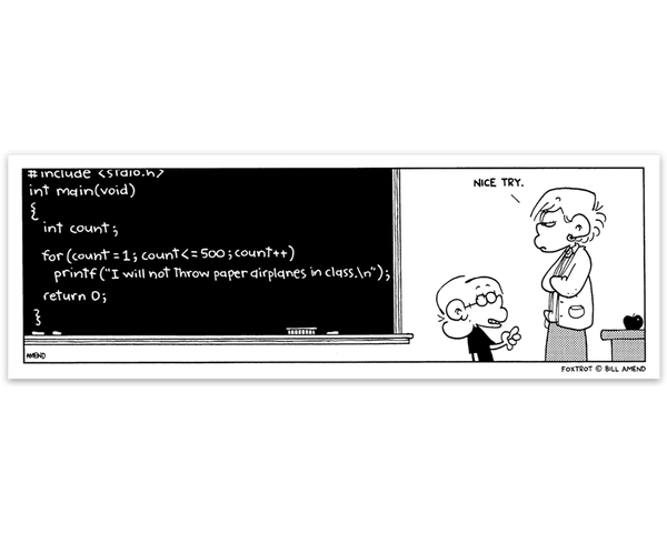 FoxTrot Magnet - 'Chalkboard Code' comic strip by Bill Amend - Approx 6" x 2" lightweight, flexible and perfect for refrigerators, lockers, whiteboards, etc. A great gift for coders/programmers! - coding, comic strip, comics, funny, school, sunday funnies, teacher