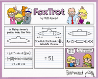 "UFO Math" signed FoxTrot comic strip by Bill Amend - A flying saucer's profile looks like this: (math equation)=51 Jason Fox: Area 51! Get it? Get it? Paige Fox: If I lie and say yes, will you go away?